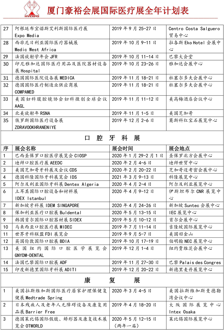 醫(yī)療創(chuàng)新與優(yōu)質(zhì)境外醫(yī)療展全年計(jì)劃表